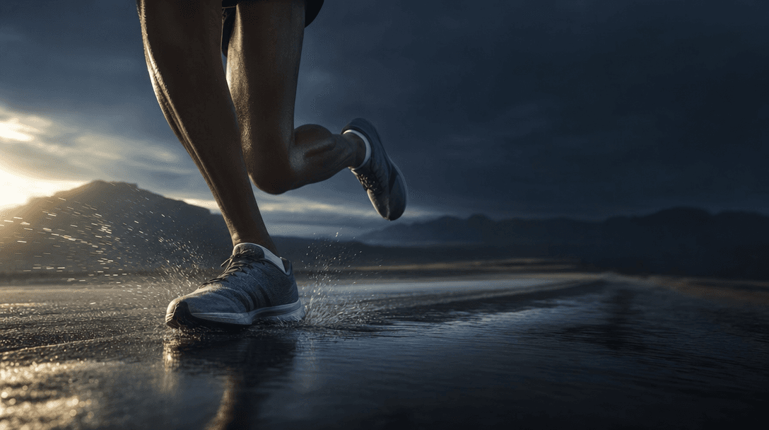 Runner's stride and shoe striking wet pavement at dawn